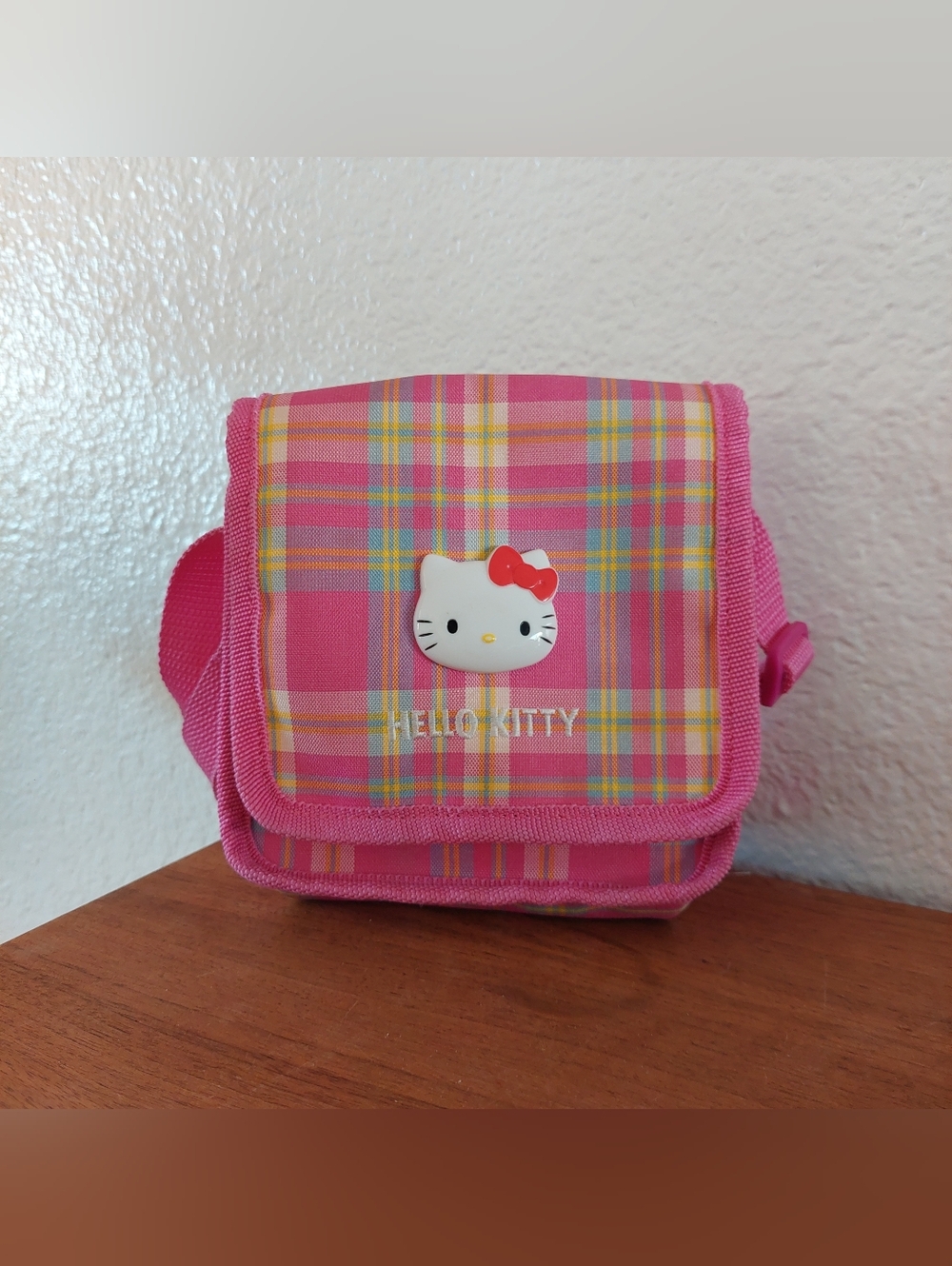 Hello Kitty Pink Plaid Kids Shoulder Bag with Red Bow Accent
